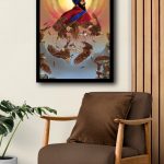 Framed Sikh art print of Guru Gobind Singh with hawks and sparrows hanging on a wall above a brown armchair.