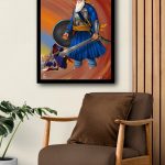 Framed art print of Sikh warrior Baba Deep Singh hanging on a wall above a brown armchair and houseplant.