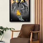 Framed Sikh art print showing three men with turbans, swords, and flaming microphones above a brown armchair.