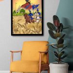 Framed artwork of Sikh warriors on horses hanging on a wall above a yellow armchair and potted plant.
