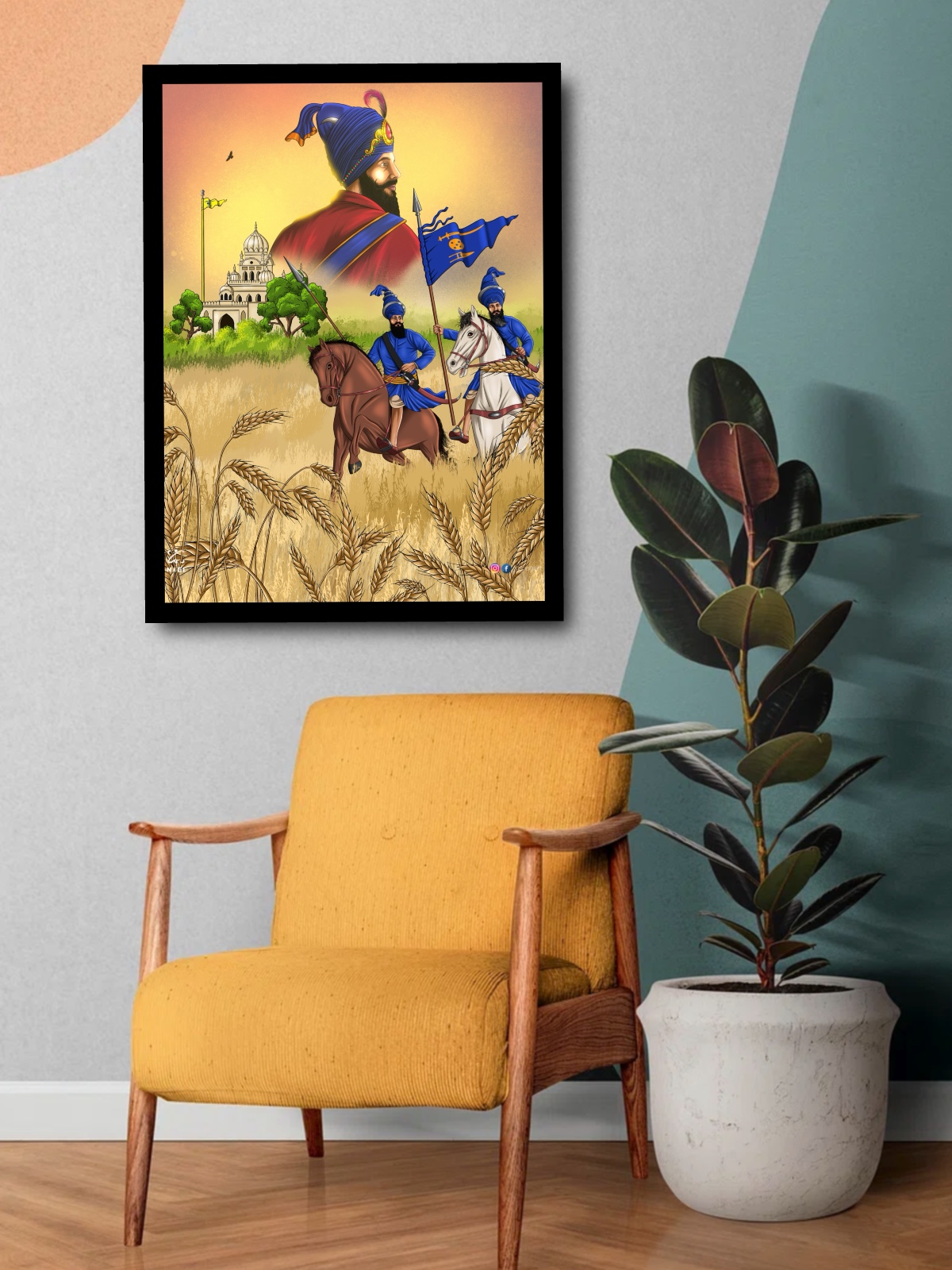 Framed artwork of Sikh warriors on horses hanging on a wall above a yellow armchair and potted plant.