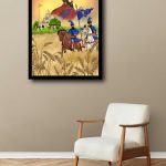 Framed Sikh wall art of Guru Gobind Singh Ji and Nihang warriors in a wheat field, hanging above an armchair.