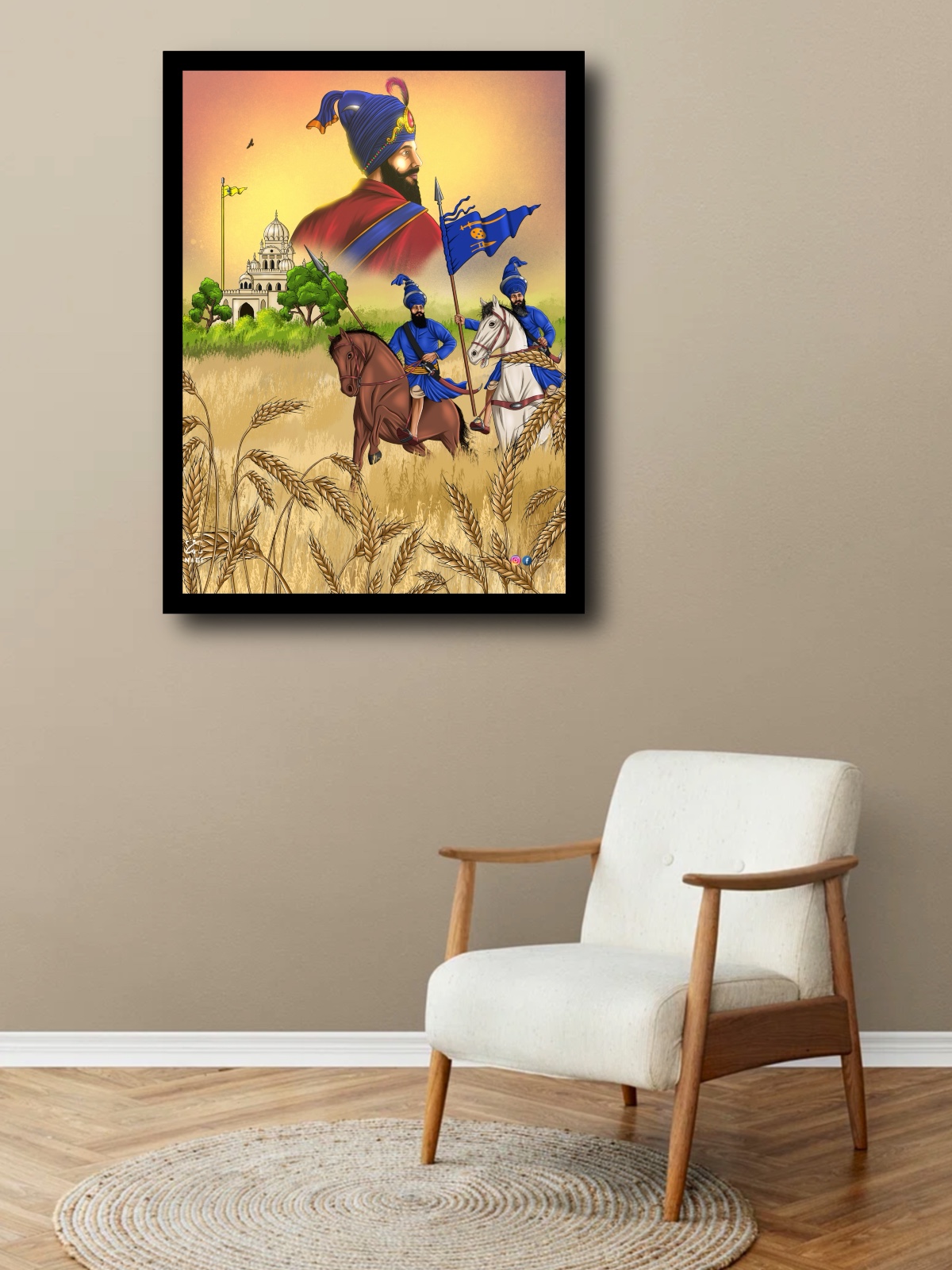 Framed Sikh wall art of Guru Gobind Singh Ji and Nihang warriors in a wheat field, hanging above an armchair.