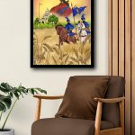 Framed Sikh art print of Guru Gobind Singh and warriors on horses, hanging above a brown armchair in a living room.